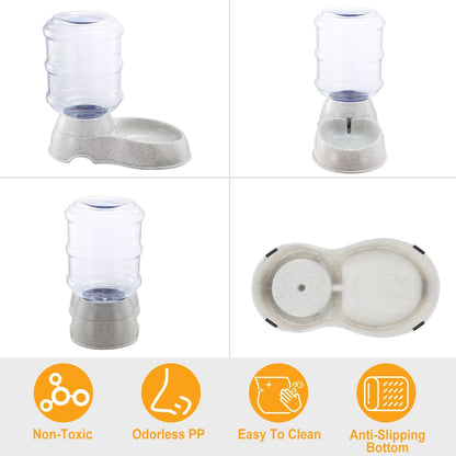 Pet water dispenser multi-view: clear barrel with speckled gray base and bowl