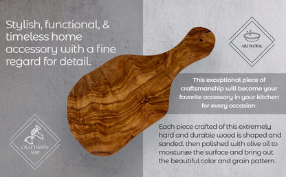 Olive-wood cutting board with curved handle, dark swirls and knots