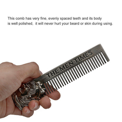 Stainless steel beard comb with fine teeth and lion-face handle, engraved bar lettering