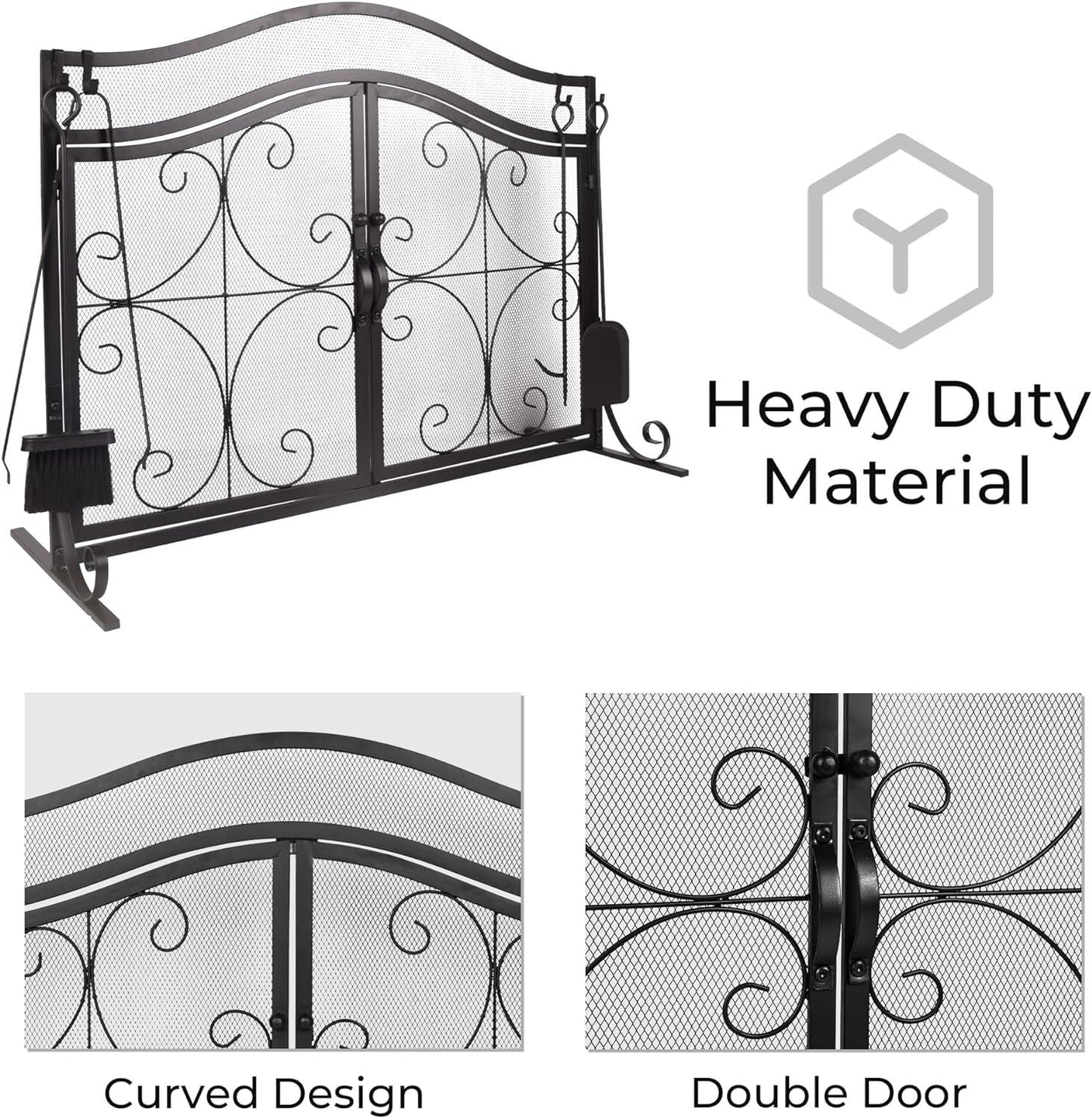 Black curved-top metal fireplace screen with two mesh doors and scroll frame