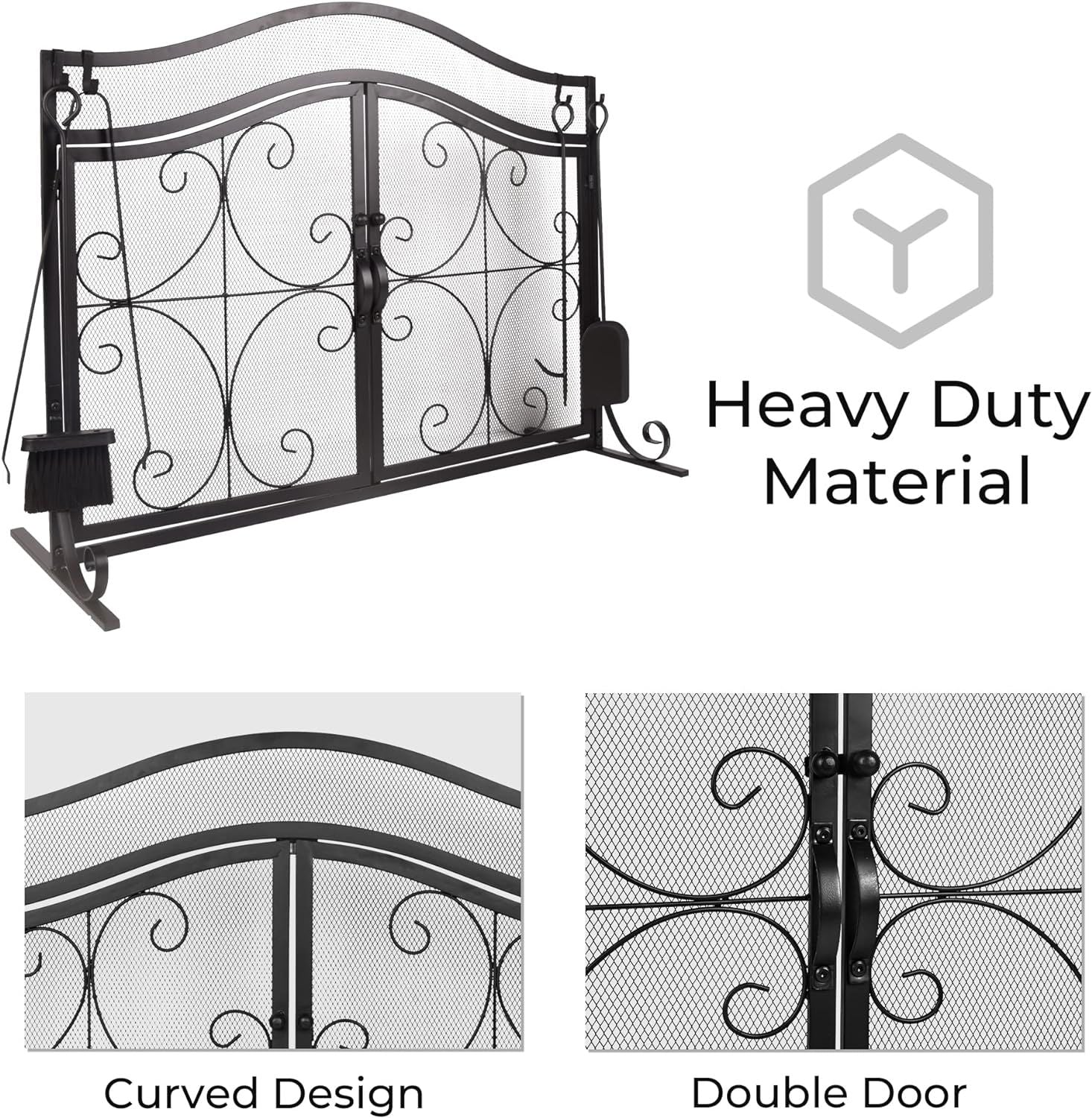Black curved-top metal fireplace screen with two mesh doors and scroll frame
