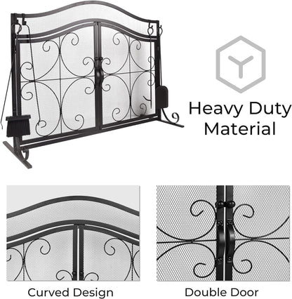Black curved-top metal fireplace screen with two mesh doors and scroll frame
