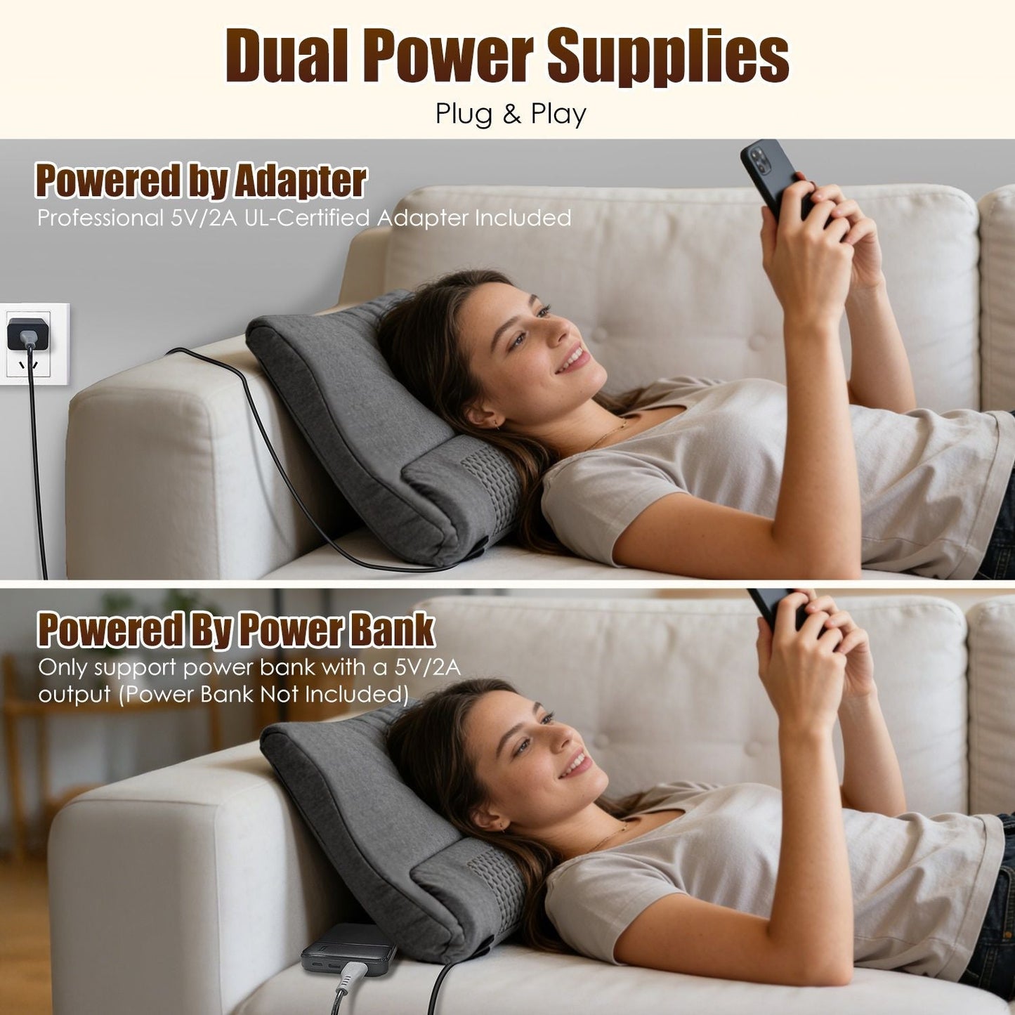 Dark gray neck massager pillow with plug-in power adapter connection