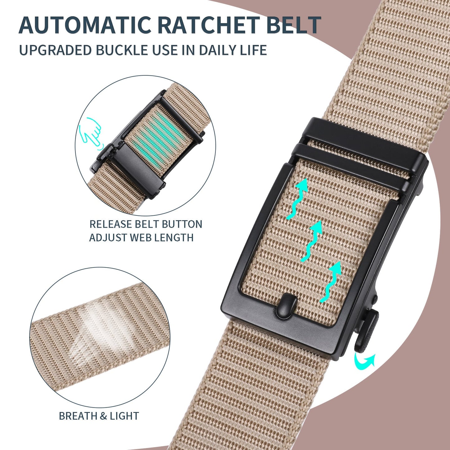 Beige nylon ratchet belt with automatic buckle and adjustable webbing length