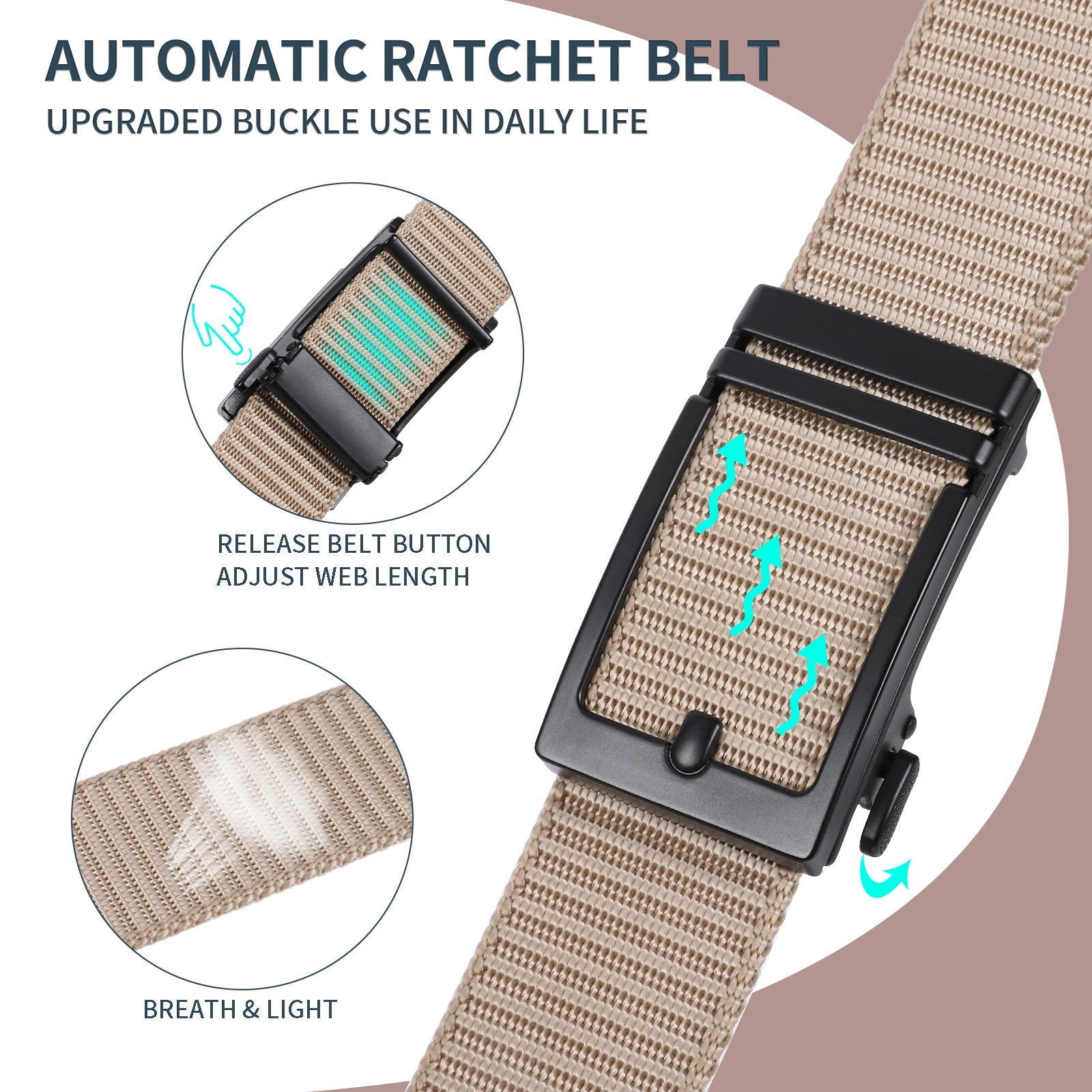 Beige nylon ratchet belt with automatic buckle and adjustable webbing length