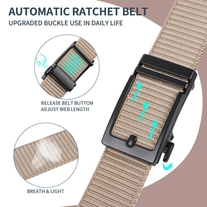 Beige nylon ratchet belt with automatic buckle and adjustable webbing length