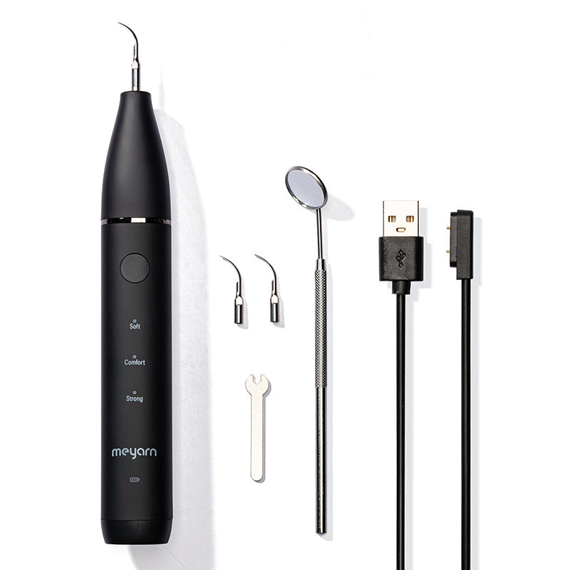 Black electric dental plaque remover with pointed tip and control button