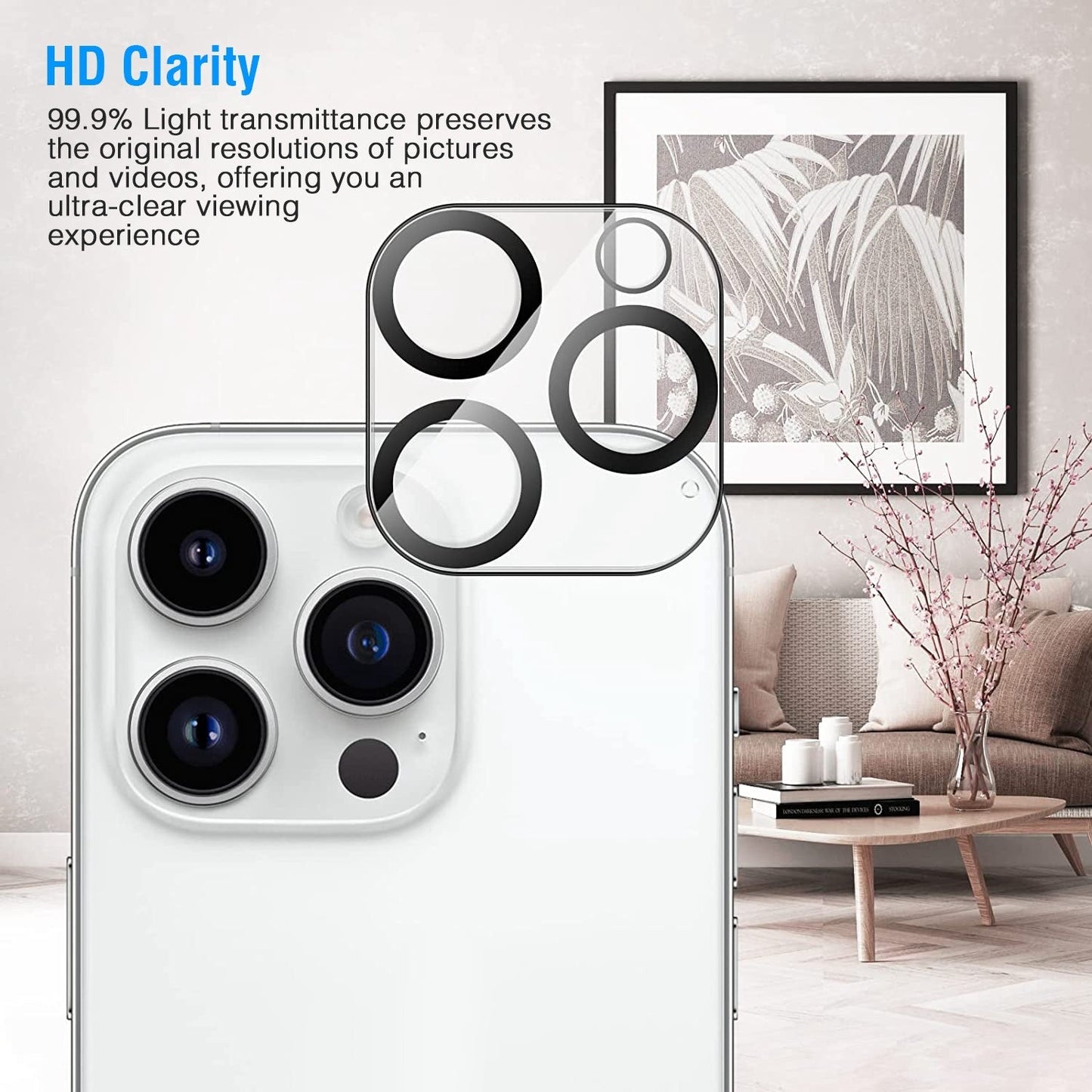 Tempered glass camera lens protectors on a white phone, with clear circular lens overlays