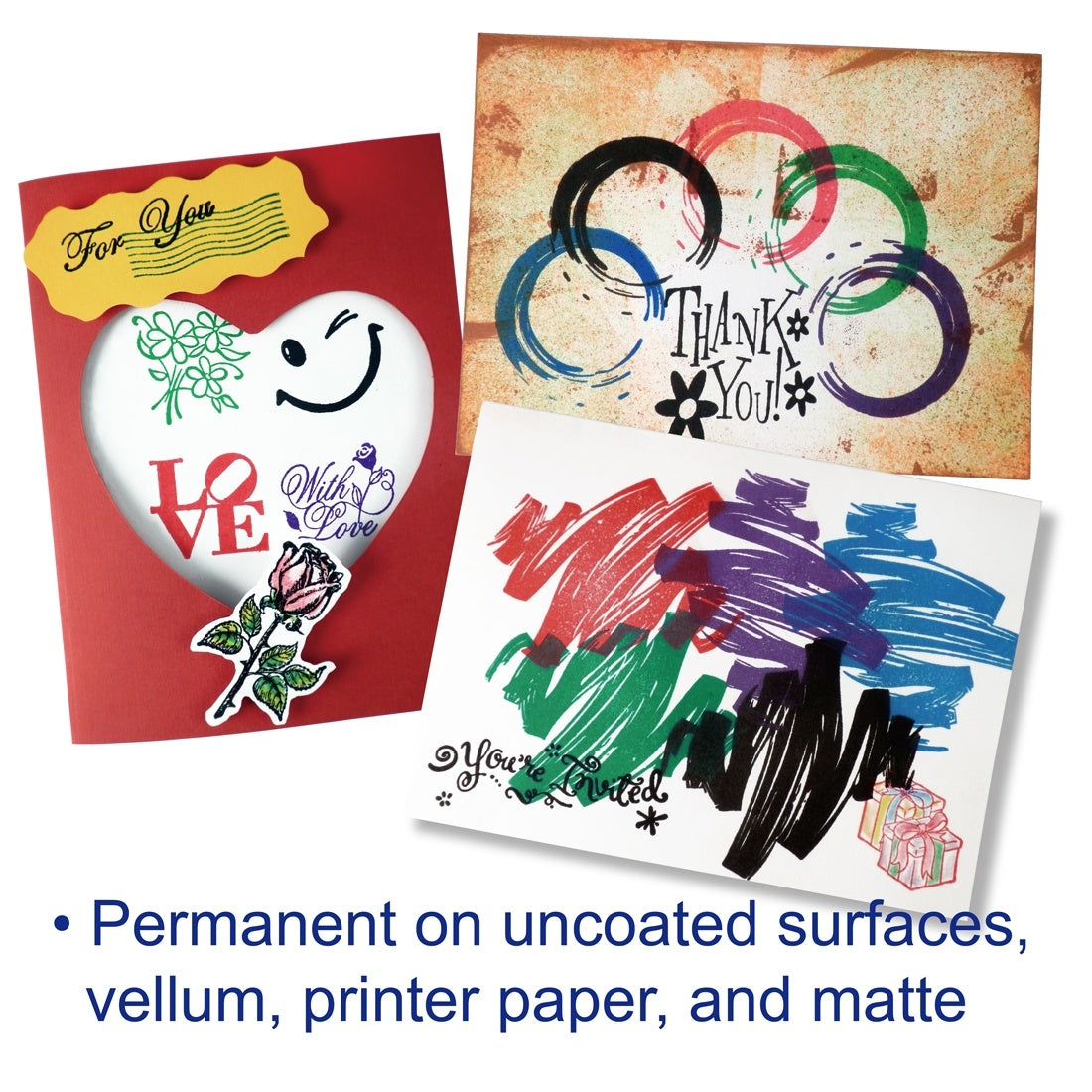 Permanent waterproof ink stamp pads with colorful stamped heart and thank-you designs