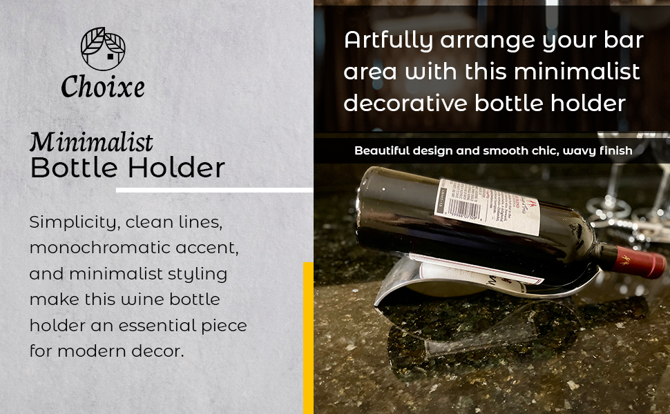 Minimalist metal bottle holder with chrome waves and bottle resting in curve