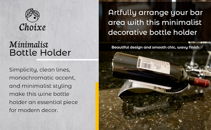 Minimalist metal bottle holder with chrome waves and bottle resting in curve