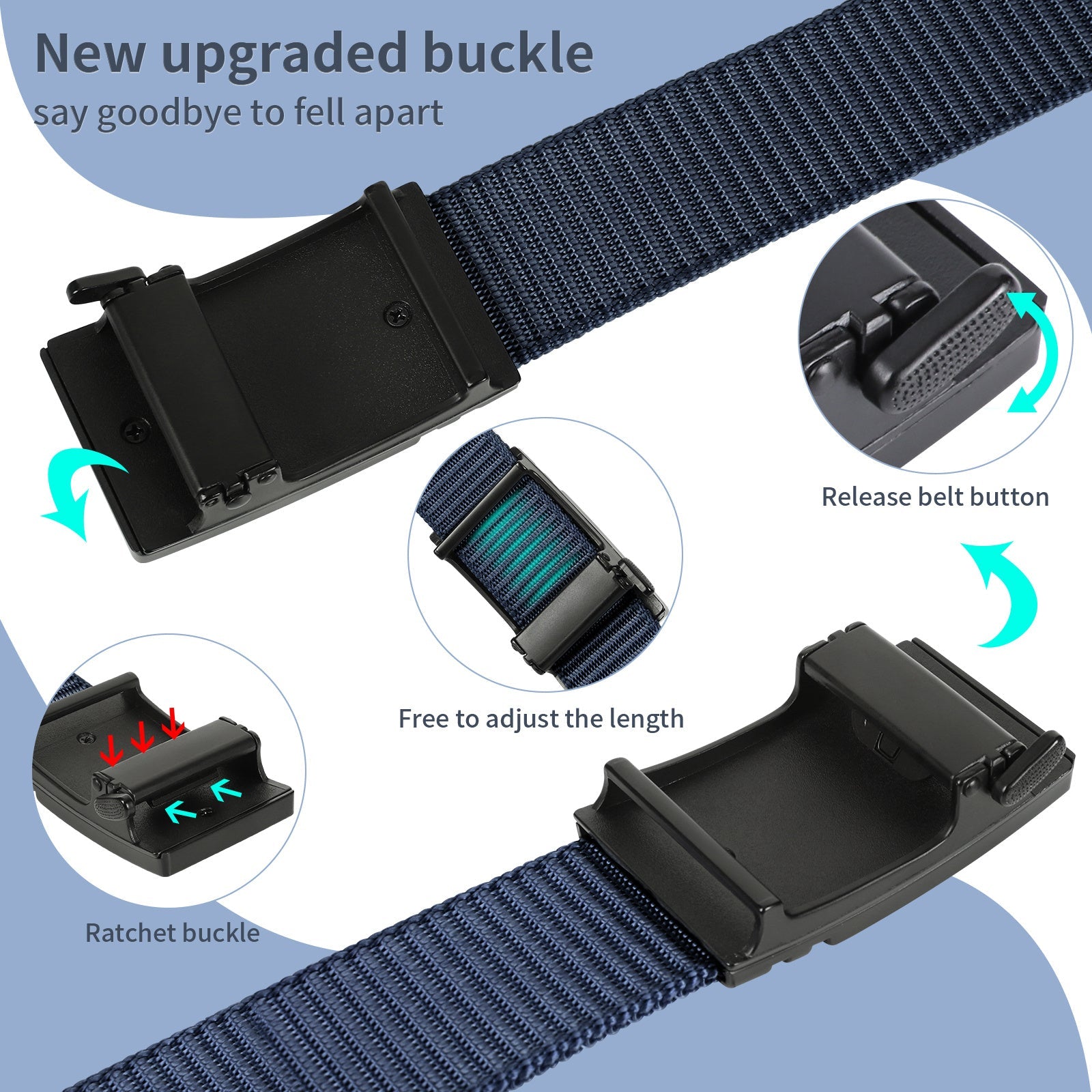 Black nylon ratchet belt with black automatic buckle and release button