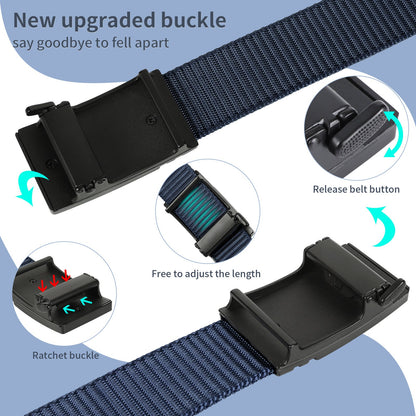 Black nylon ratchet belt with black automatic buckle and release button