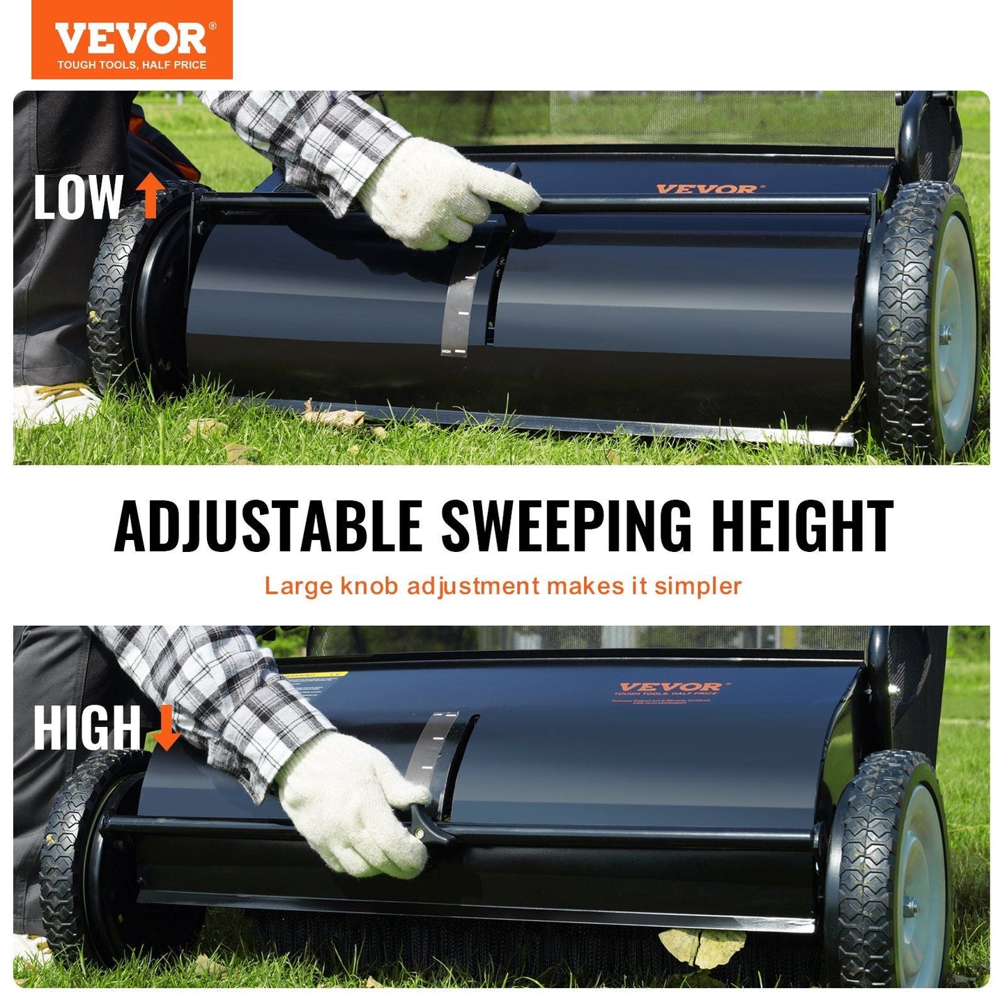 Push Lawn Sweeper, 26-inch Leaf & Grass Collector, Strong Rubber Wheels & Heavy Duty Thickened Steel, Durable to Use with Large Capacity 7 cu. ft. Mesh Collection Hopper Bag, 4 Spinning Brushes