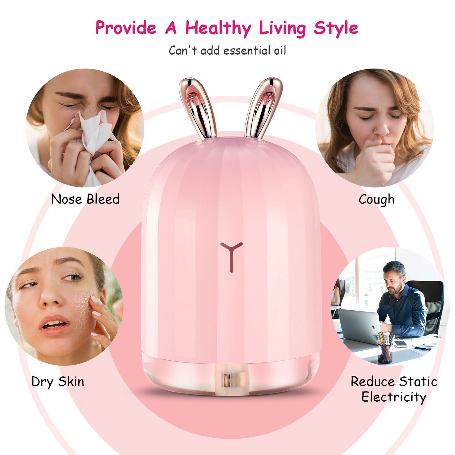 Pink bunny-shaped cool mist humidifier with glossy rose-gold ear handles