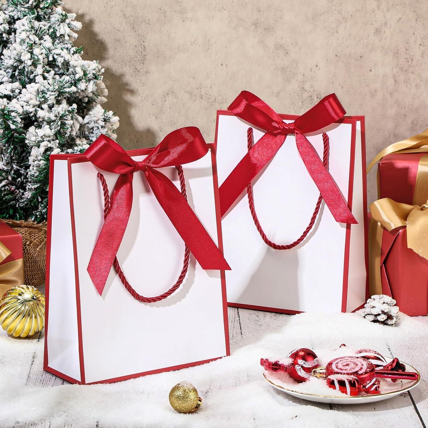 12/24 Pack Paper Gift Bags with Handle 9x7x3.15'' Thank You Gift Bags with Bow Ribbon for Holiday Valentines Wedding Bridal Baby Shower Birthday Party