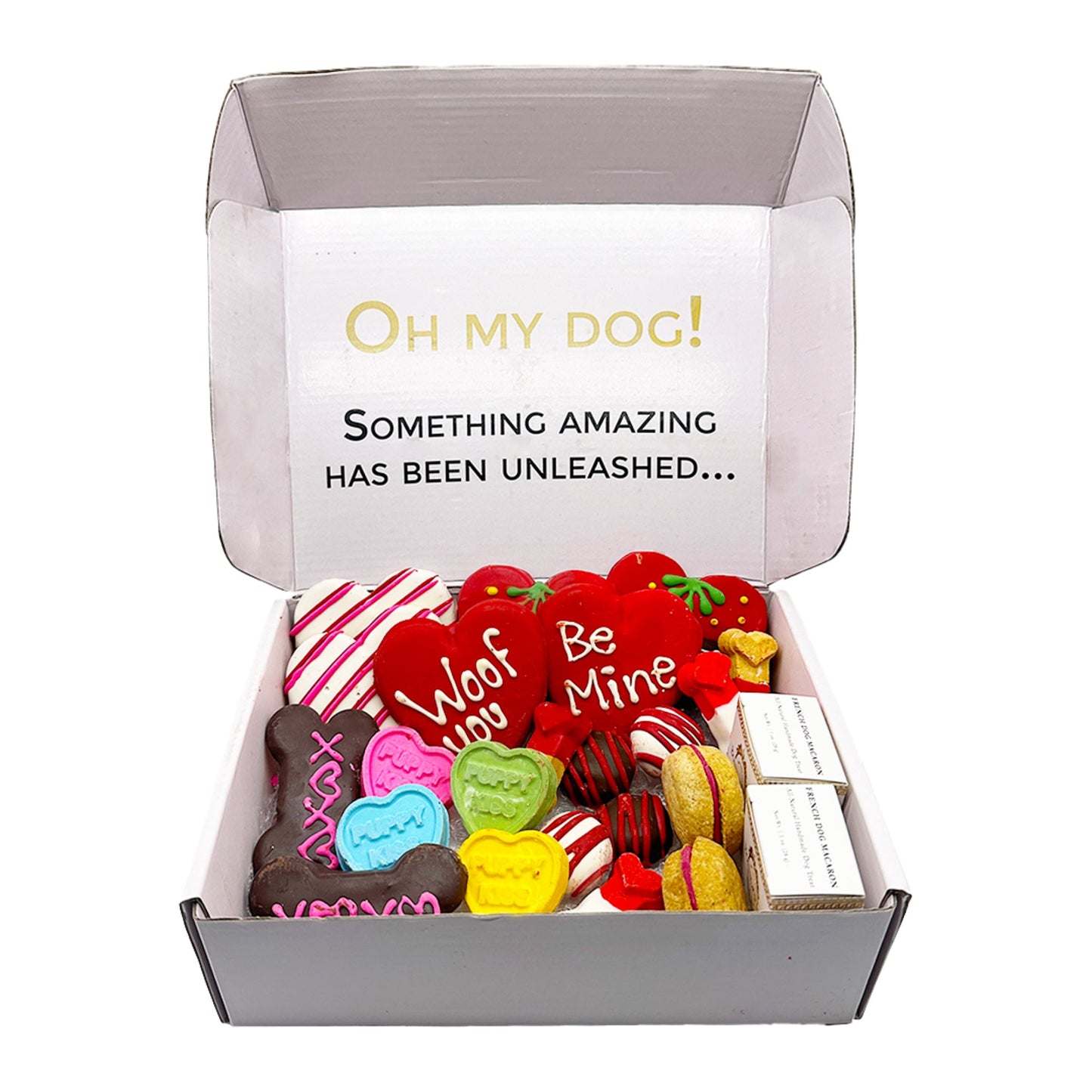 Valentine dog treat gift box open with Woof and Be Mine heart cookies.