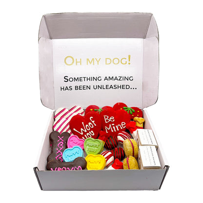 Valentine dog treat gift box open with Woof and Be Mine heart cookies.