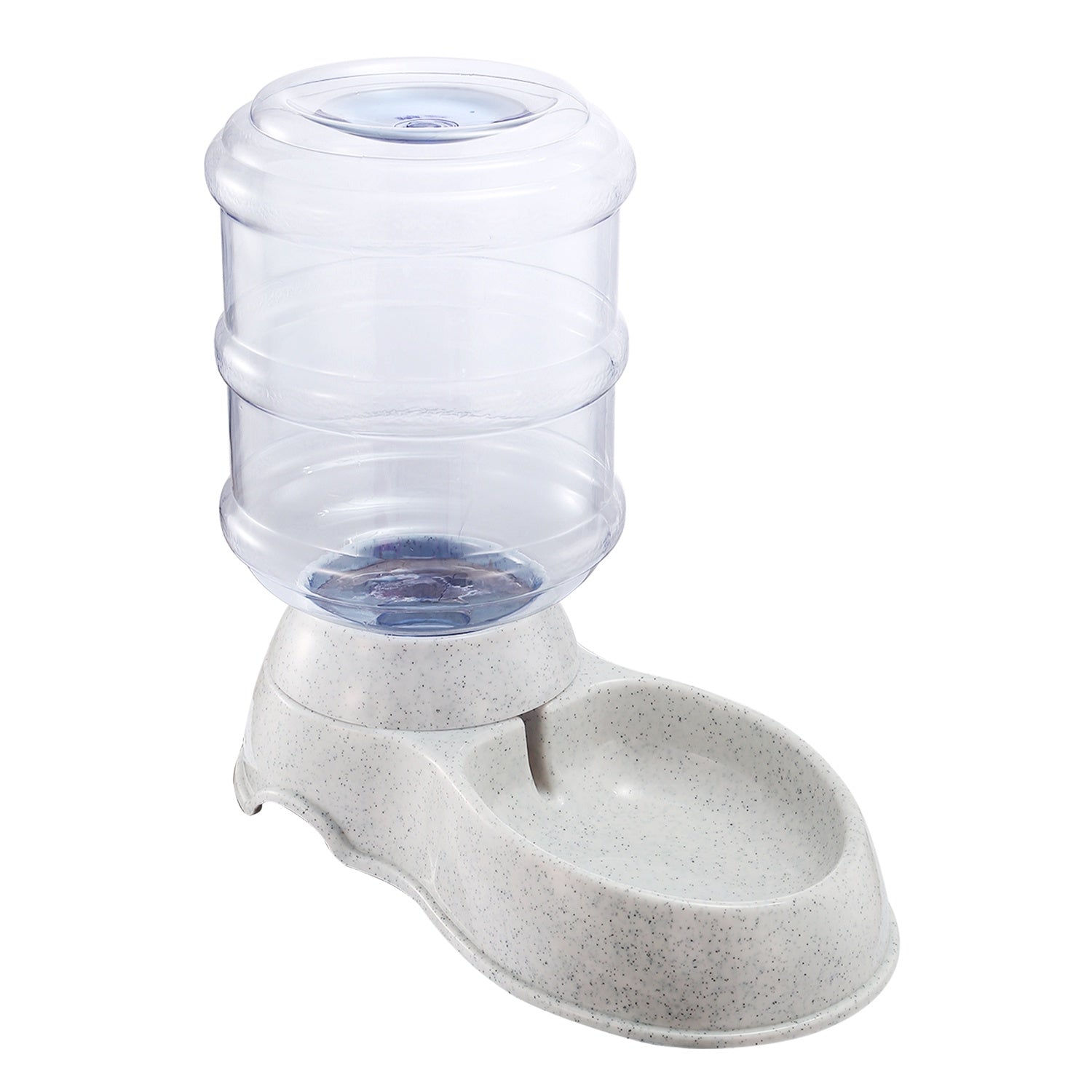 Pet water dispenser with clear barrel and speckled gray base, single refill bowl