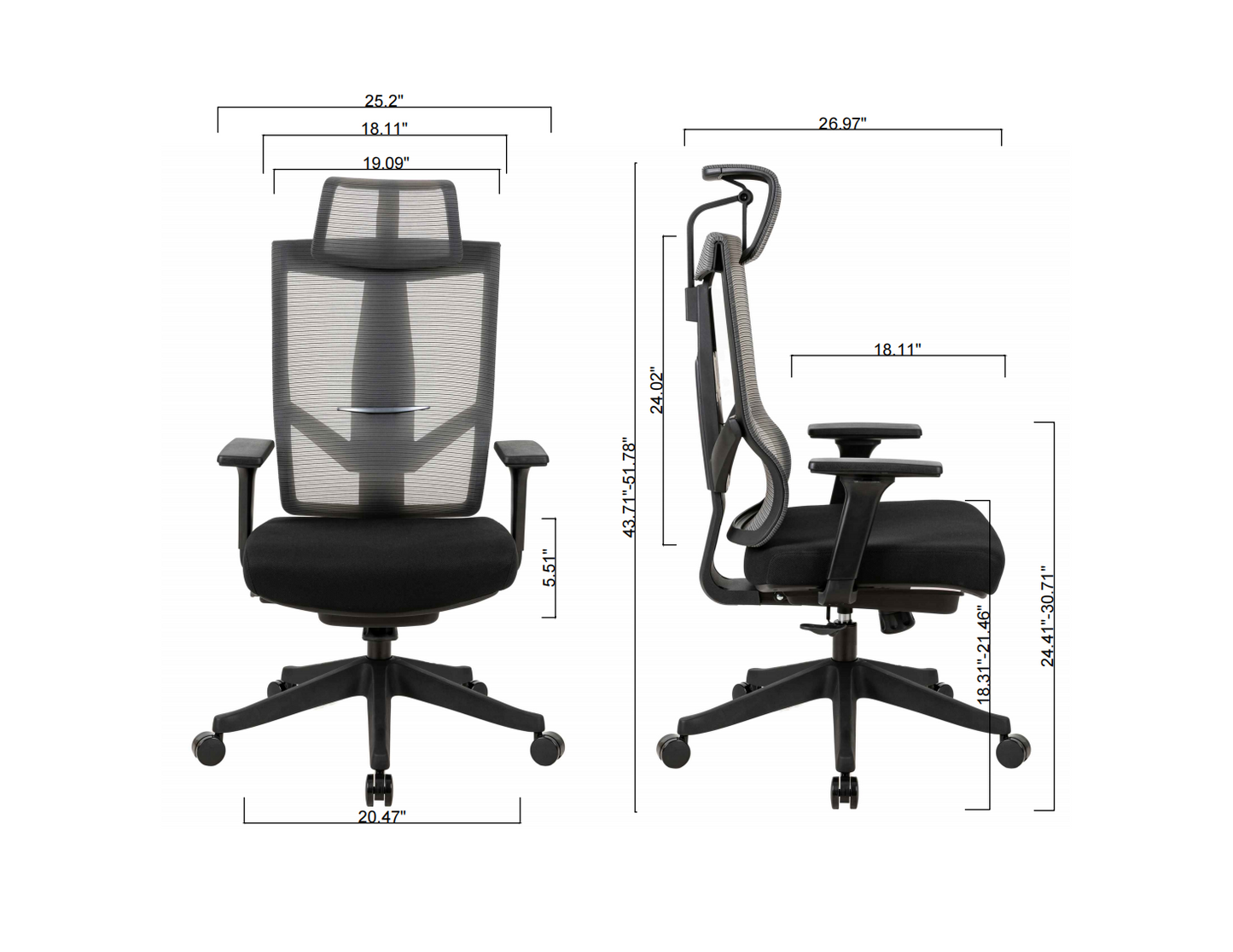 Black office chair size diagram showing back and seat measurements with headrest