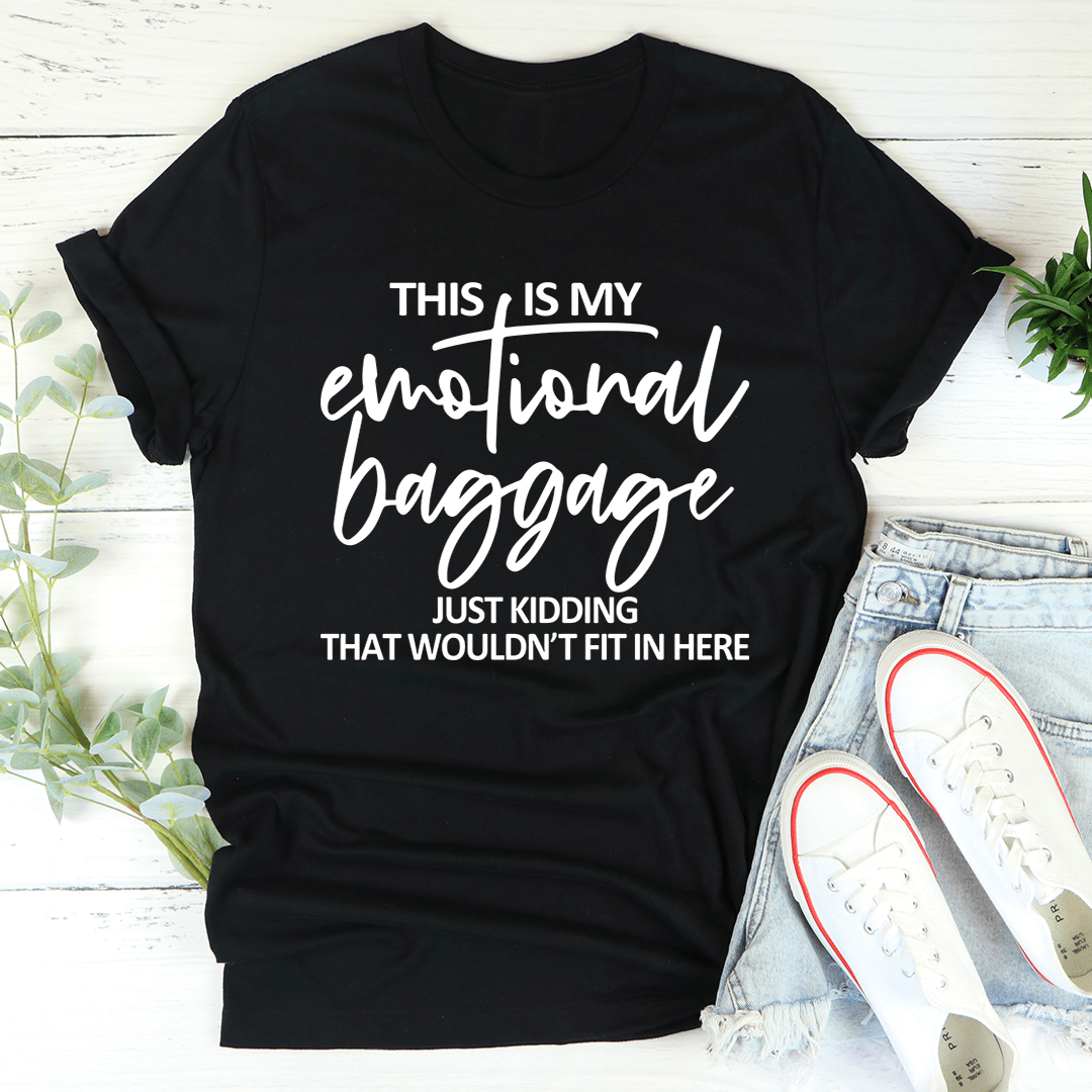 Black crewneck T-shirt with 'Emotional Baggage' slogan graphic on front