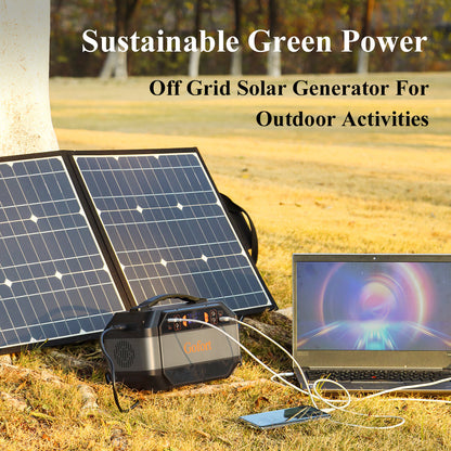 Portable power station connected to a foldable solar panel on grass