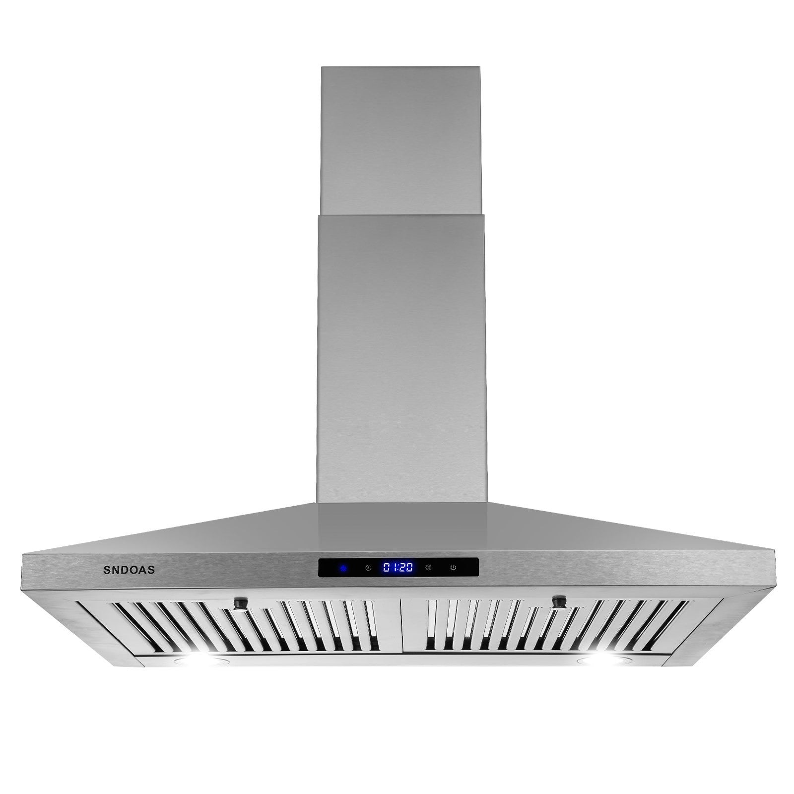 Stainless steel wall-mount range hood with chimney and front vent grilles
