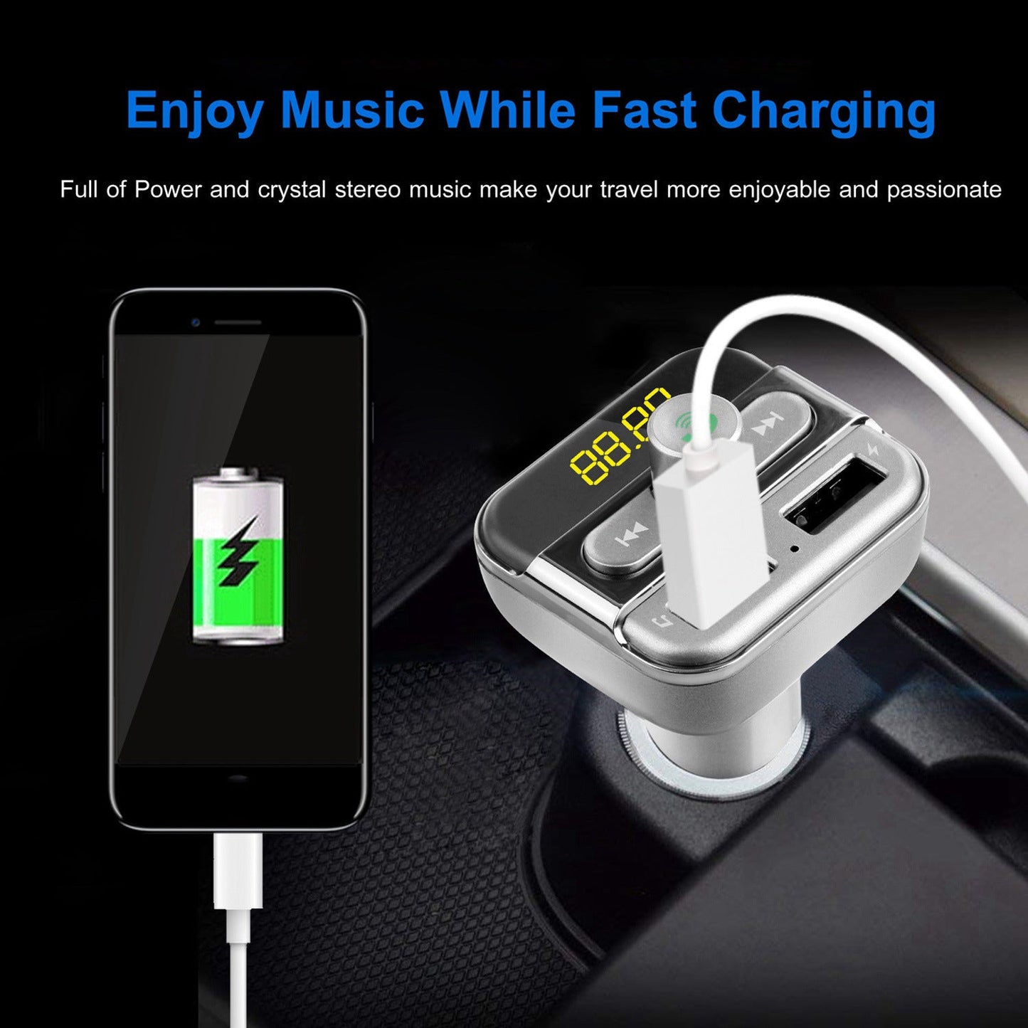 Car FM transmitter with dual USB ports, USB cable charging phone, bright LED display