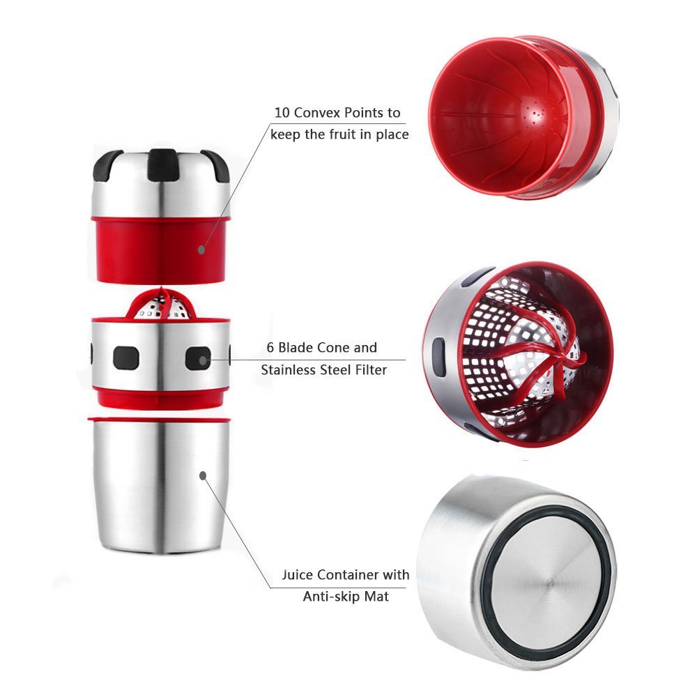 Manual citrus juicer with red top, cone filter, and stainless juice container parts.