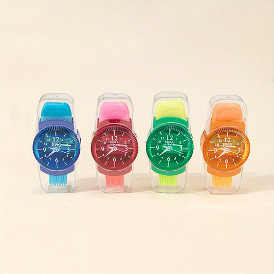 Watch-shaped pencil sharpeners with eraser and cleaning brush; blue, pink, green, orange