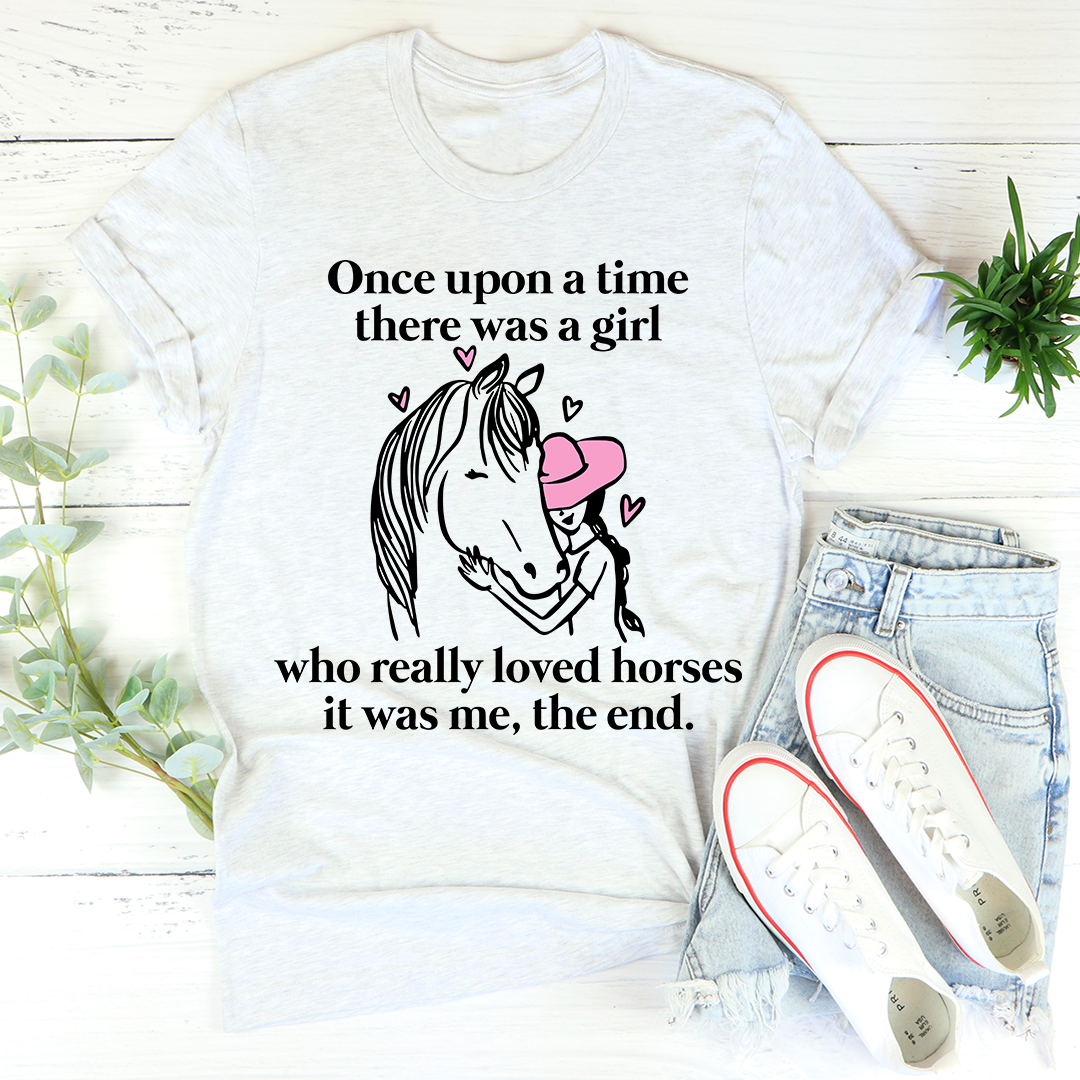Light gray graphic t-shirt with horse and girl quote, pink heart detail at center