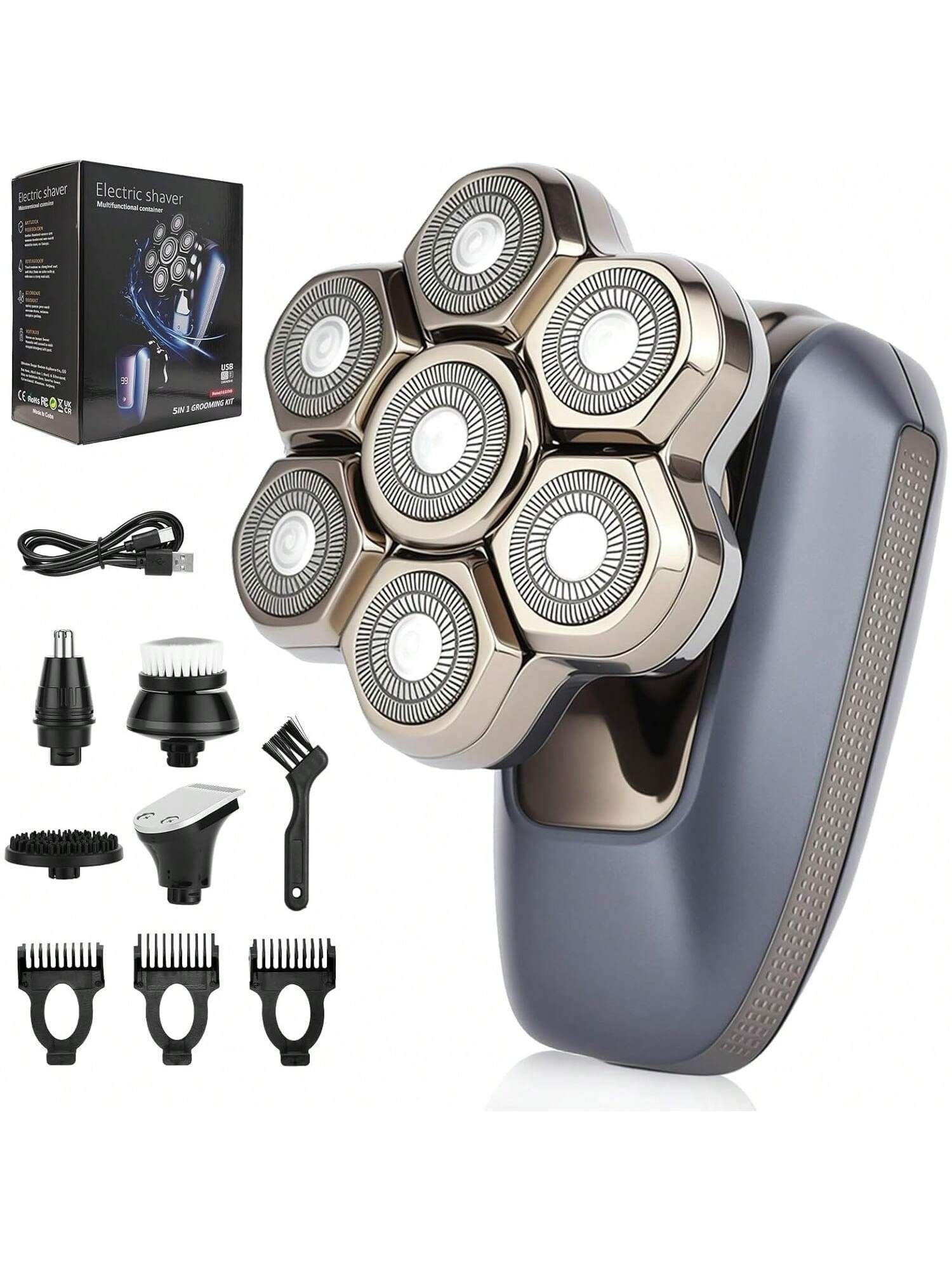 Electric rotary shaver with five circular heads, dark blue handle and foil guard