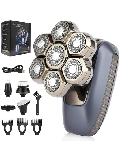 Electric rotary shaver with five circular heads, dark blue handle and foil guard