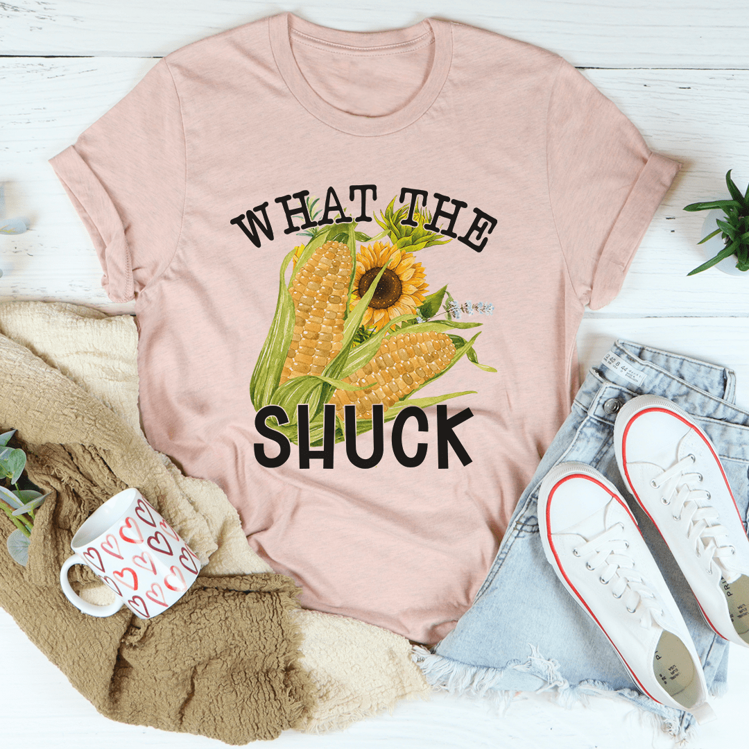 Rose T-shirt with corn graphic and text "What the Shuck"