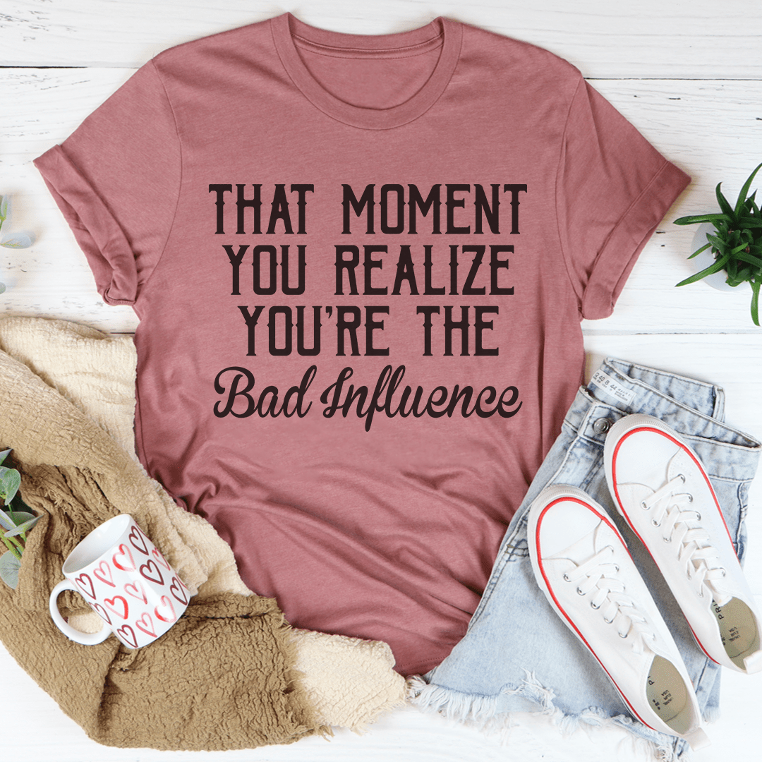 Mauve crewneck T-shirt with quote graphic and “Bad Influence” text print