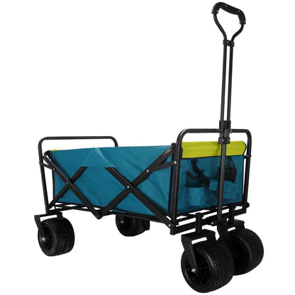 Blue collapsible folding utility wagon with adjustable handle and black wheels