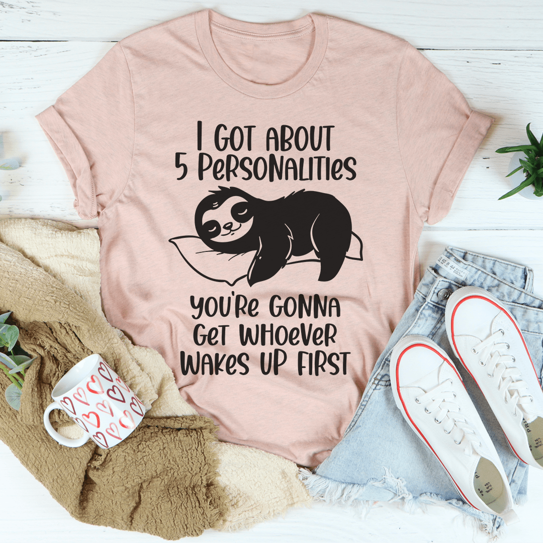Mauve graphic T-shirt with black bear and '5 Personalities' slogan