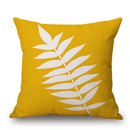 Leaf motif cushion cover, mustard yellow with white layered leaf stem design
