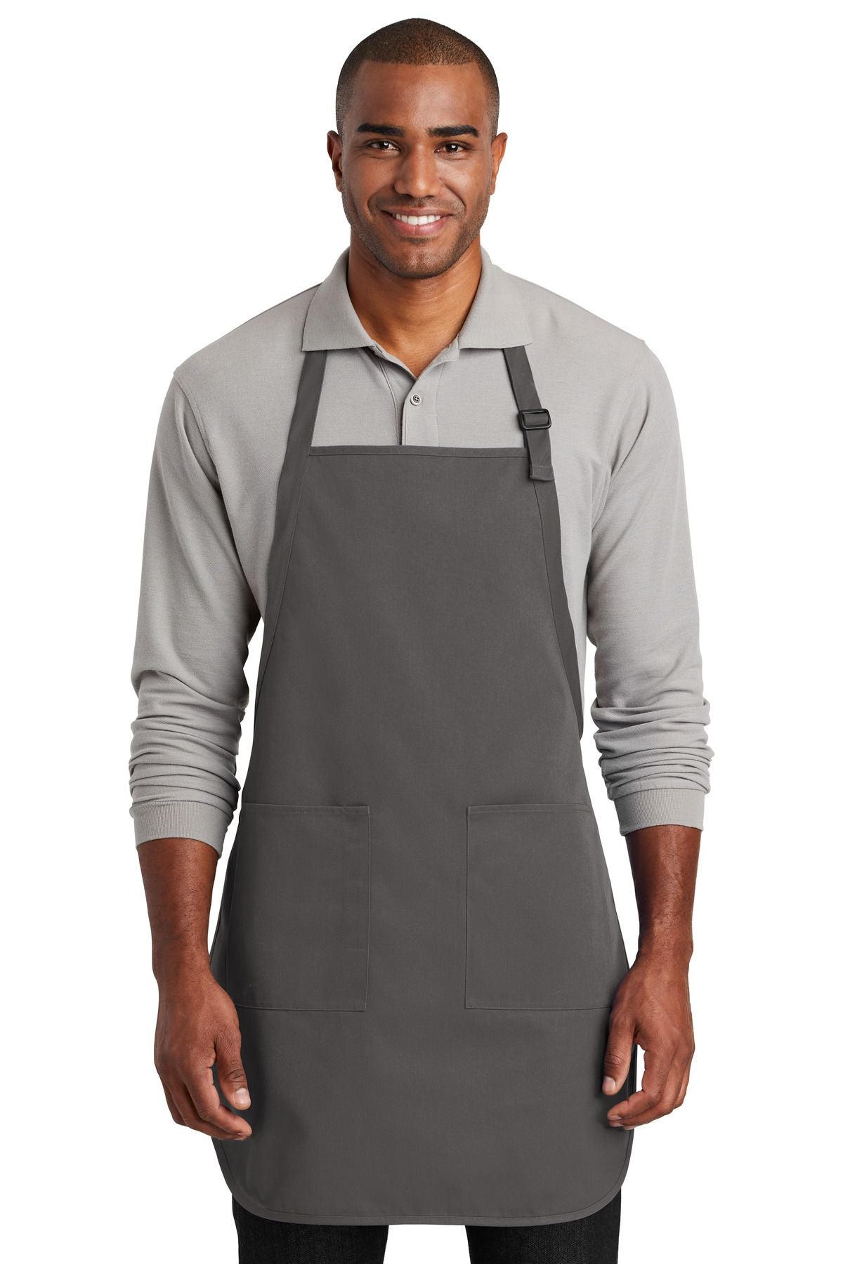 Full-length two-pocket bib apron, charcoal gray, with neck strap and two front pockets.