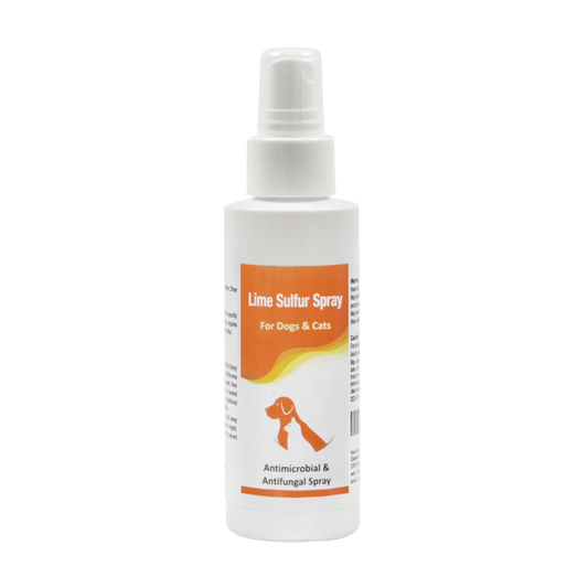 Lime sulfur spray bottle with white pump and orange label for dogs and cats