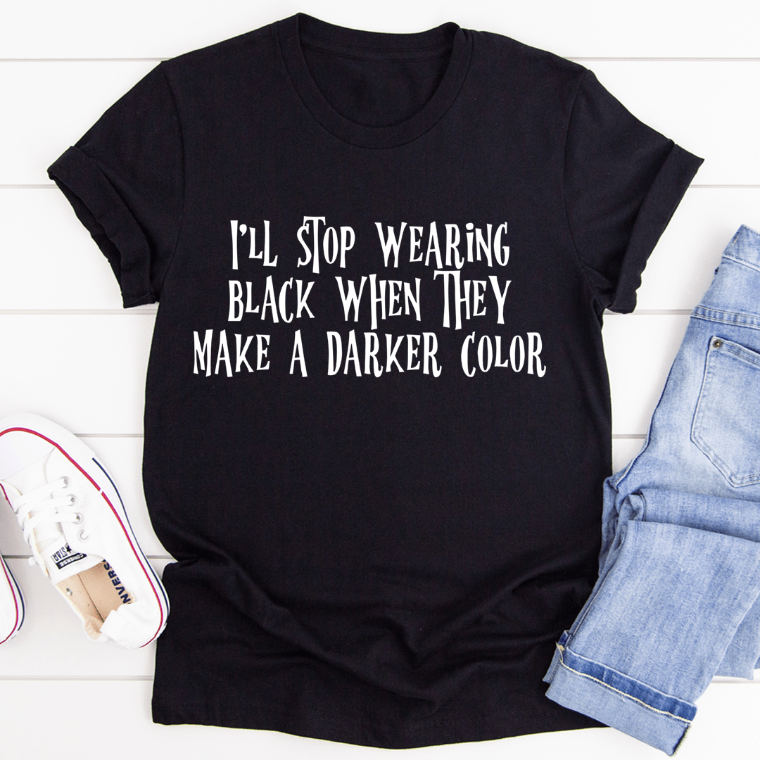 Black short-sleeve T-shirt with a white slogan graphic on the front