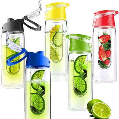 Fruit infuser drink bottle set with assorted colored caps; clear bodies with fruit slices