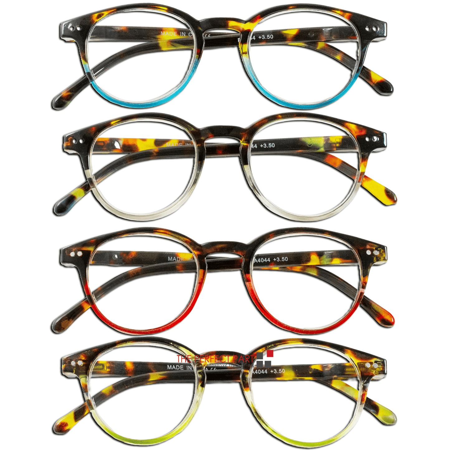 Set of four tortoiseshell reading glasses, round frames with clear lenses