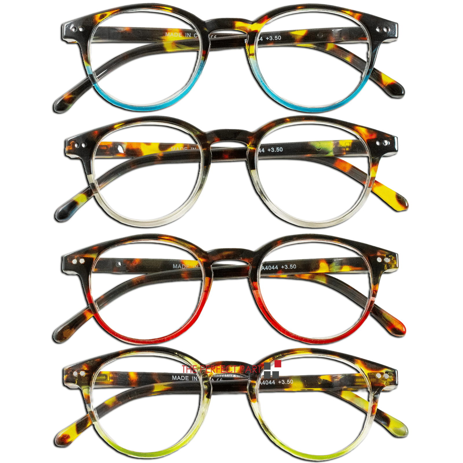 Set of four tortoiseshell reading glasses, round frames with clear lenses