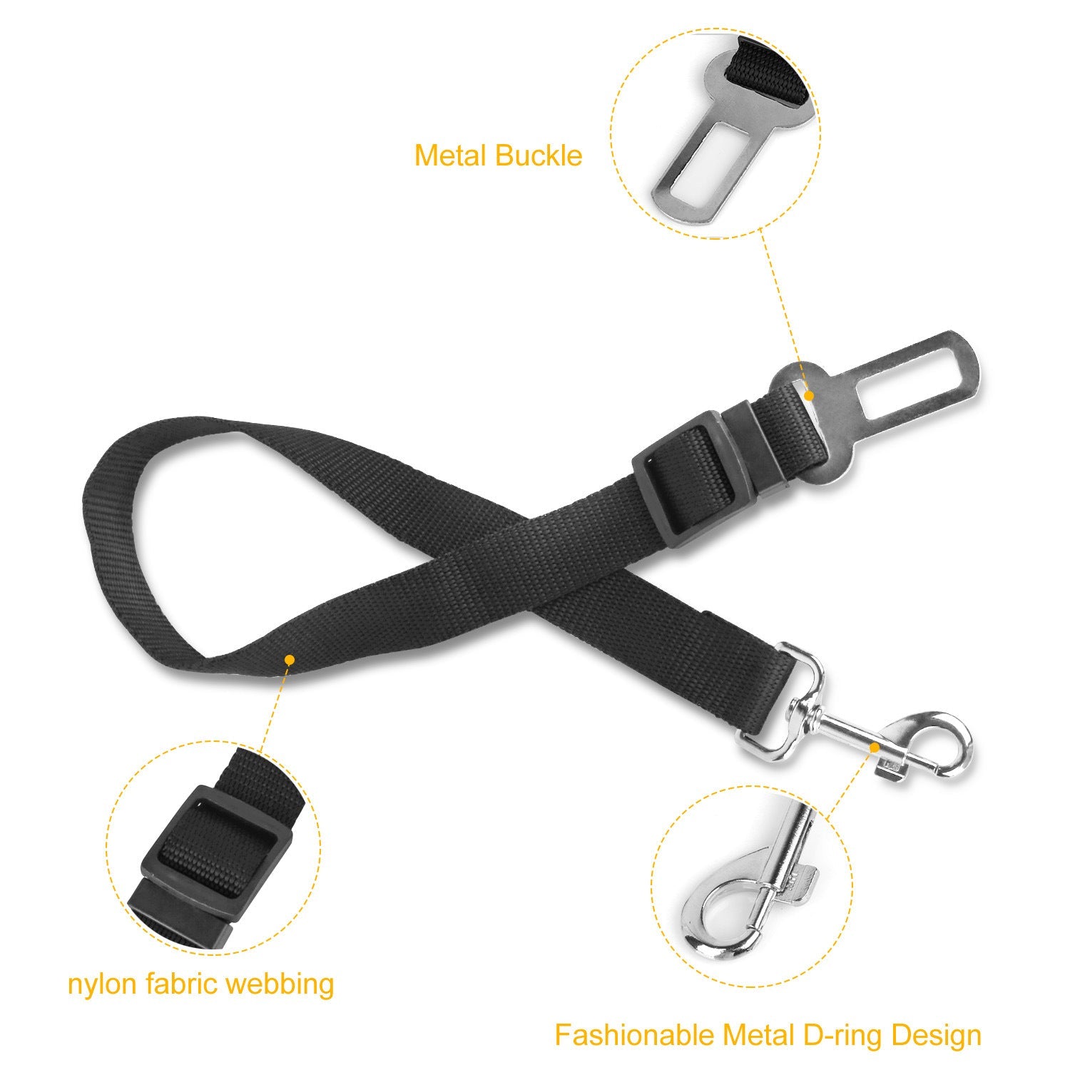 Black nylon pet seat belt leash with metal buckle, D-ring, and swivel clips.