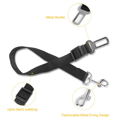 Black nylon pet seat belt leash with metal buckle, D-ring, and swivel clips.