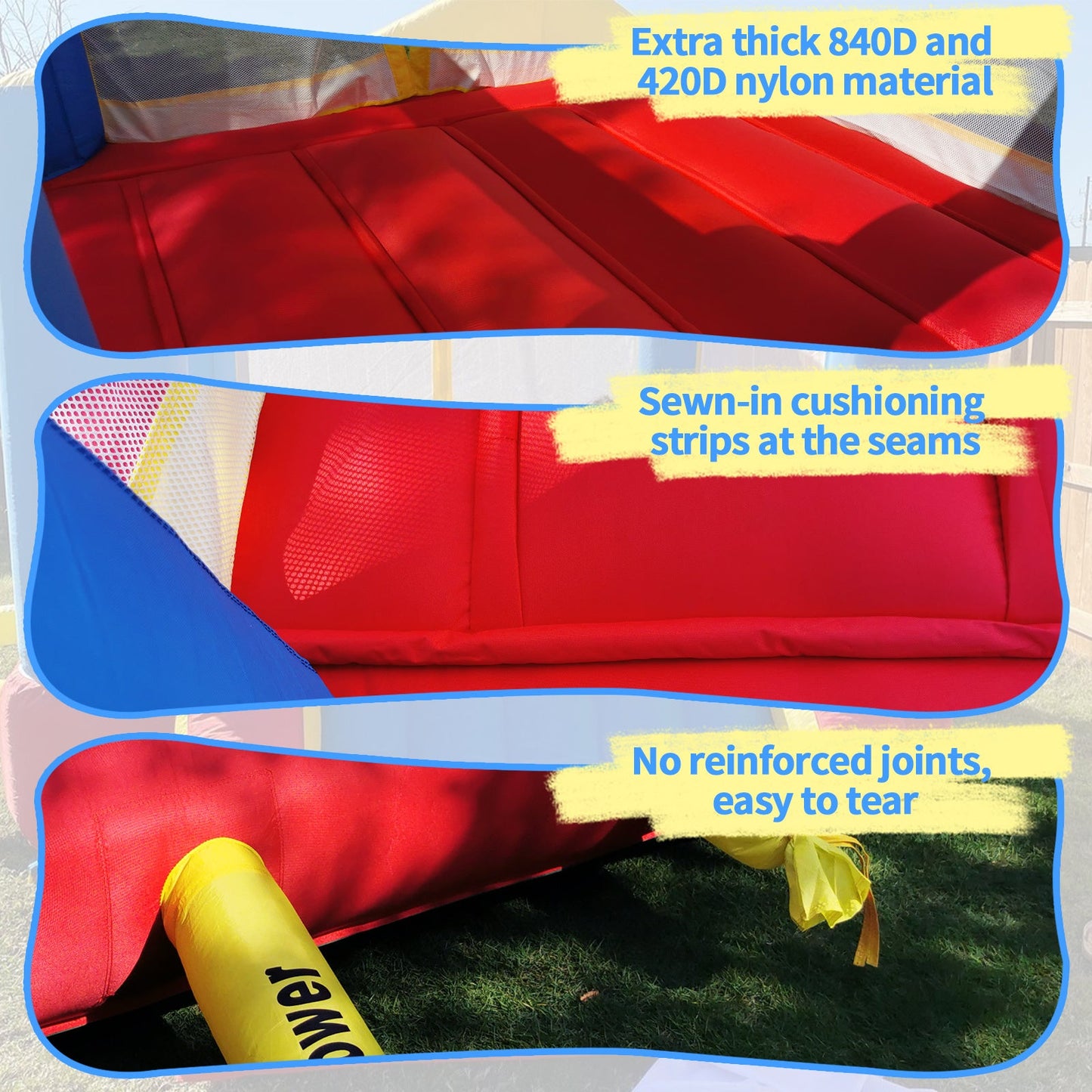 Inflatable bounce house padded play area with blue mat, red cushion, yellow reinforced seams