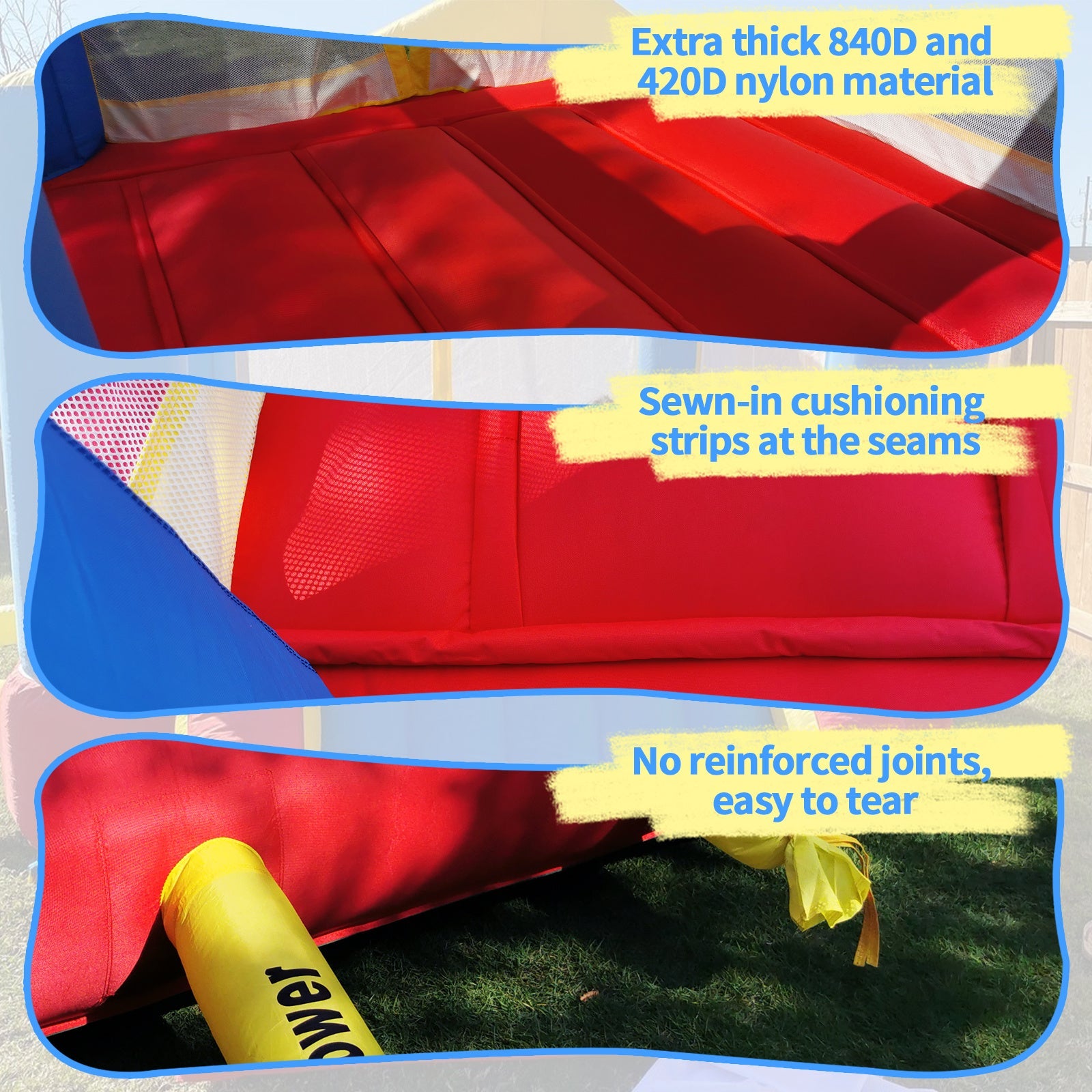 Inflatable bounce house padded play area with blue mat, red cushion, yellow reinforced seams
