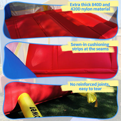 Inflatable bounce house padded play area with blue mat, red cushion, yellow reinforced seams