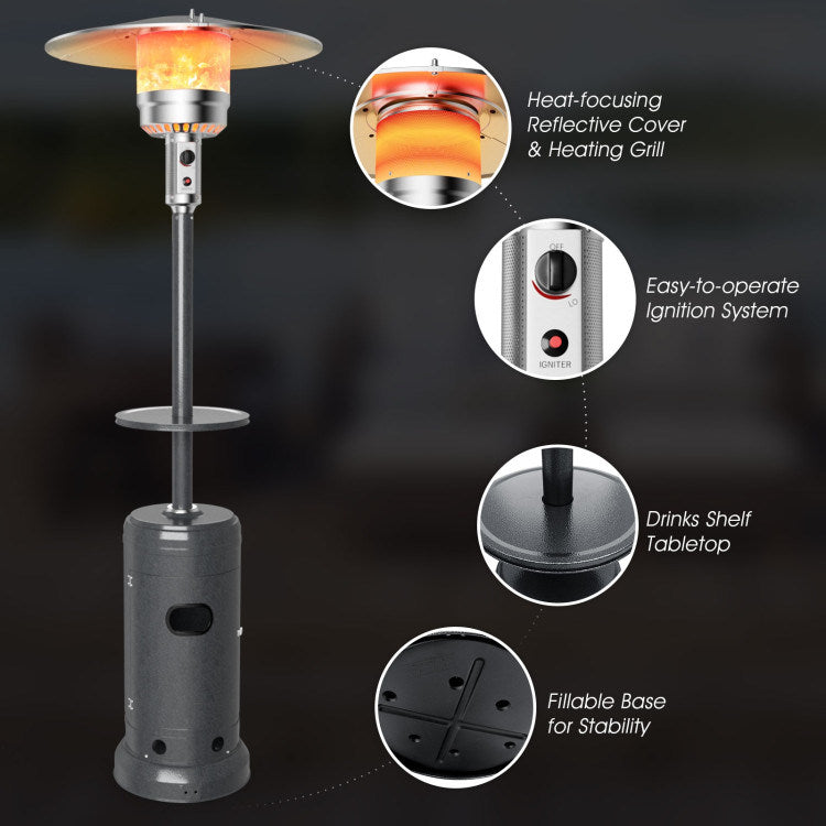 Propane patio heater with reflective cover, control knob panel, side table, and tank base